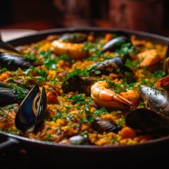 Gourmet paella with seafood, fresh and healthy generated by artificial intelligence