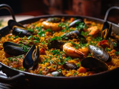 Gourmet paella with seafood, fresh and healthy generated by artificial intelligence